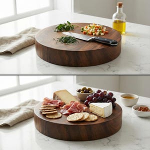 Puede incluir: Una tabla de cortar redonda de madera marrón oscuro con un cuchillo, verduras picadas y hierbas. La imagen inferior muestra la misma tabla con galletas, queso, uvas, aceitunas y carne. Una botella de aceite está en el fondo.