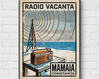 Mamaia, Romania: Vintage Travel Poster of Radio Vacanța, Retro Matchbox Wall Art (Digital Download)