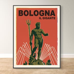 Bolonia, Italia: Póster de viaje vintage de la Fuente de Neptuno (Il Zigant), arte mural retro estilo caja de cerillas (descarga digital)
