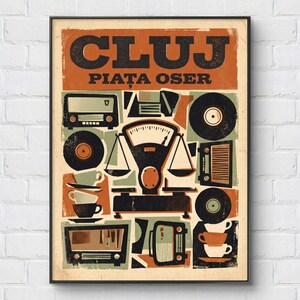Cluj-Napoca, Rumania: Cartel de viaje vintage del mercado de Oser, arte de pared retro de caja de cerillas (impresión)