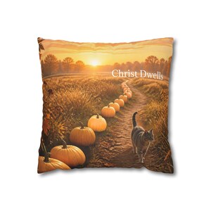 May include: A square decorative cushion featuring a printed scene of a dirt path lined with orange pumpkins leading towards a sunset. A grey tabby cat walks along the path. The text Christ Dwells is printed in white in the upper right quadrant.