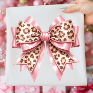 Lazo rosa de leopardo PNG / Cinta de satén rosa con estampado de leopardo / Lazo de estética coqueta / Diseño para camisetas, pegatinas y manualidades