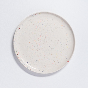 May include: A round, off-white ceramic plate with a speckled design. The plate is adorned with colorful paint splatters in red, blue, yellow, and green. The plate has a slightly raised edge and a smooth surface, suitable for serving food.