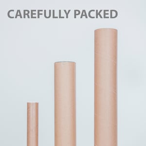 May include: Three cylindrical cardboard tubes of varying heights, arranged vertically against a white background. The tubes are a light brown color. The text "CAREFULLY PACKED" is printed in gray at the top of the image.