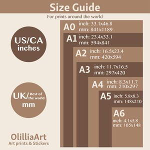 May include: Size guide for prints, featuring inch and mm measurements. Includes A0 (33.1x46.8 inches), A1 (23.4x33.1 inches), A2 (16.5x23.4 inches), A3 (11.7x16.5 inches), A4 (8.3x11.7 inches), A5 (5.8x8.3 inches), and A6 (4.1x5.8 inches).