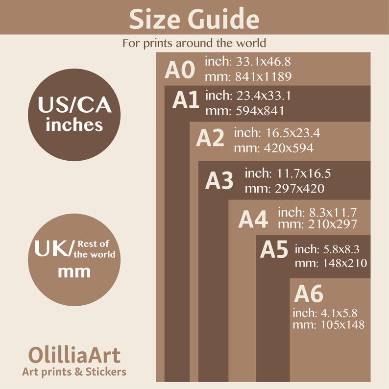 May include: Size guide for prints, featuring inch and mm measurements. Includes A0 (33.1x46.8 inches), A1 (23.4x33.1 inches), A2 (16.5x23.4 inches), A3 (11.7x16.5 inches), A4 (8.3x11.7 inches), A5 (5.8x8.3 inches), and A6 (4.1x5.8 inches).