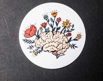 Floral Brain Vinyl Sticker – Handmade water bottle and laptop sticker