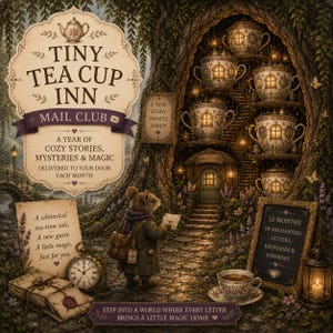 May include: An illustrated advertisement for the Tiny Tea Cup Inn Mail Club. The image features a whimsical scene with a mouse, teacups, and the text "A Year of Cozy Stories, Mysteries & Magic Delivered to Your Door Each Month."