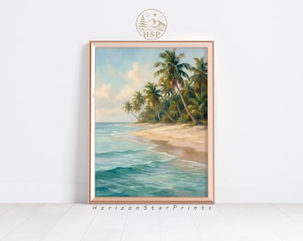 トロピカルビーチの夕日の絵画：ヤシの木の海のアート（デジタル