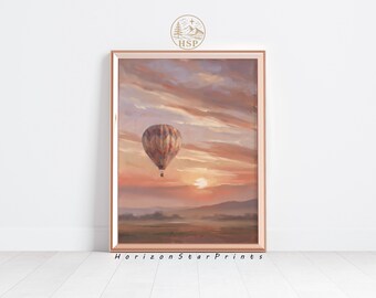 熱気球の夕焼けウォールアート、夢のような空の絵画、穏やかな風景のアートワーク、印刷可能なデジタルダウンロード