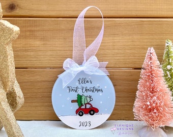 Personalized Baby's First Christmas Ornament - Red Car w/Tree