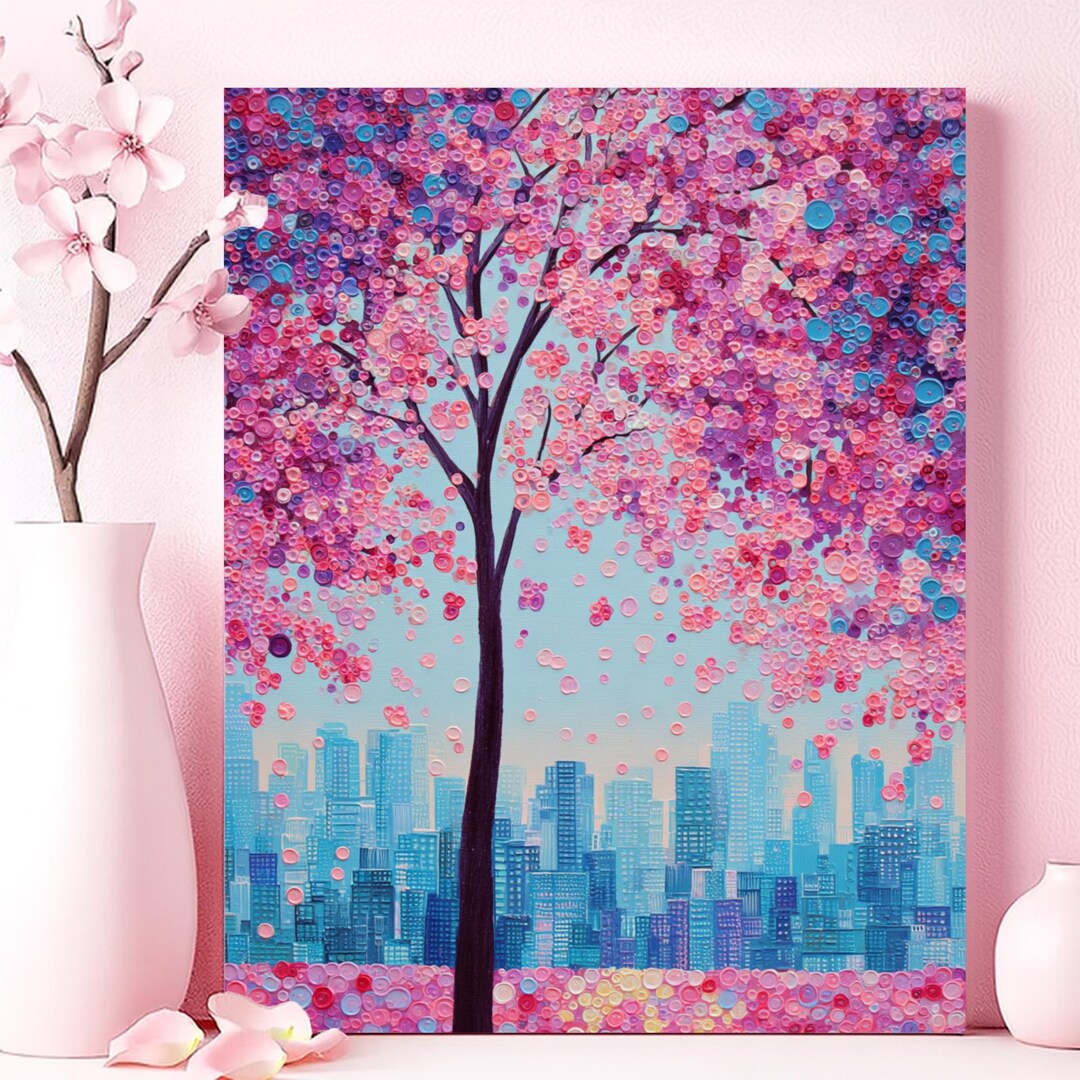 Cherry Blossom Tree City Skyline Wall Art, Canvas or Poster, Pink Tree ...