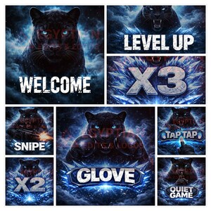 Peut inclure: Un collage d'art numérique avec une panthère noire aux yeux bleus brillants. Les images incluent du texte tel que "WELCOME", "LEVEL UP", "X3", "SNIPE", "GLOVE", "X2", "TAP TAP" et "QUIET GAME", sur un fond cosmique.