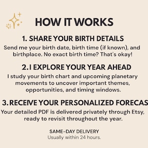 Beige How It Works infographic explaining how to order a personalized 2027 astrology forecast or next 12 months year ahead reading on Etsy. Three steps: provide your date of birth, birth time if known, and birthplace; Selene analyzes your natal chart and upcoming planetary transits for life themes, opportunities and important timing windows; receive your custom astrology predictions as a private PDF, usually within 24 hours.