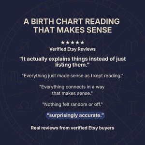 Verified Etsy reviews for a personalized birth chart reading. Real customer feedback highlighting an accurate, detailed and easy-to-understand astrology reading that explains birth chart meanings clearly. Reviews describe personalized natal chart interpretation, meaningful life insights, connected analysis and a birth chart report that makes sense. Trusted birth chart reading with verified Etsy buyer reviews, custom astrology report and personalized horoscope analysis.