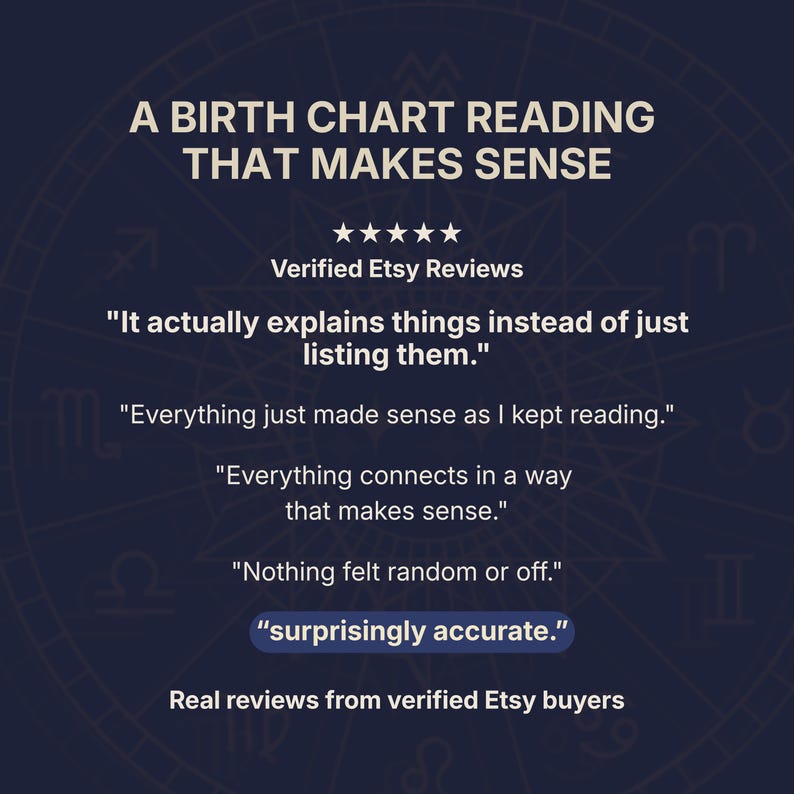 Verified Etsy reviews for a personalized birth chart reading. Real customer feedback highlighting an accurate, detailed and easy-to-understand astrology reading that explains birth chart meanings clearly. Reviews describe personalized natal chart interpretation, meaningful life insights, connected analysis and a birth chart report that makes sense. Trusted birth chart reading with verified Etsy buyer reviews, custom astrology report and personalized horoscope analysis.