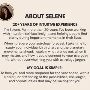 About Selene infographic featuring a portrait of the astrologer with long dark curly hair and a silver streak, framed in gold. Selene shares her 20+ years of intuitive and spiritual experience and explains her approach to personalized 2027 astrology forecasts. Each 12 month year ahead reading is prepared using an individual natal birth chart and upcoming planetary transits, with clear explanations of future possibilities, important timing, life challenges and opportunities,