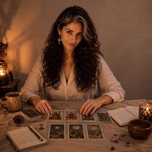 Lifestyle image of a professional astrologer and intuitive reader preparing a personalized astrology reading in a peaceful consultation setting. Human-written birth chart reading created from your exact birth date, birth time and birthplace, featuring custom natal chart interpretation, personality insights, life purpose, relationship guidance, career direction, self-discovery and a personalized 12-month astrology forecast. Trusted one-on-one spiritual guidance and astrology consultation.
