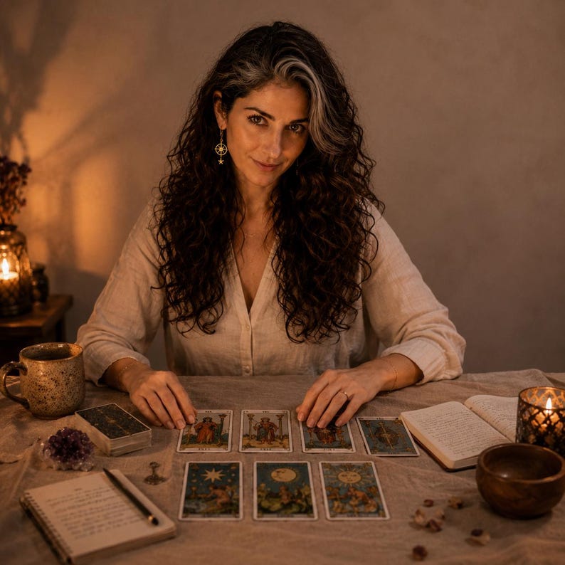 Lifestyle image of a professional astrologer and intuitive reader preparing a personalized astrology reading in a peaceful consultation setting. Human-written birth chart reading created from your exact birth date, birth time and birthplace, featuring custom natal chart interpretation, personality insights, life purpose, relationship guidance, career direction, self-discovery and a personalized 12-month astrology forecast. Trusted one-on-one spiritual guidance and astrology consultation.