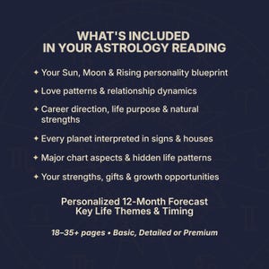 What's included in your personalized birth chart reading. Detailed astrology reading with Sun, Moon and Rising personality analysis, love patterns, relationship dynamics, career direction, life purpose, strengths, planetary interpretations, zodiac signs, astrological houses, chart aspects, hidden life patterns, natal chart analysis, personalized 12-month astrology forecast, timing guidance, digital astrology report, birth chart PDF, custom horoscope reading written from your exact birth data.