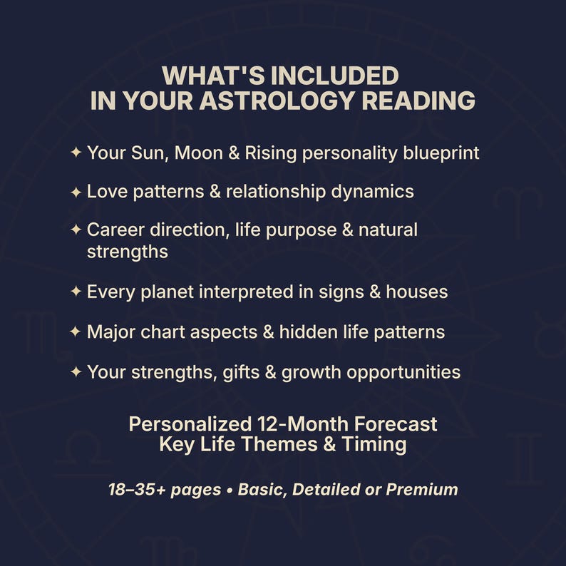 What's included in your personalized birth chart reading. Detailed astrology reading with Sun, Moon and Rising personality analysis, love patterns, relationship dynamics, career direction, life purpose, strengths, planetary interpretations, zodiac signs, astrological houses, chart aspects, hidden life patterns, natal chart analysis, personalized 12-month astrology forecast, timing guidance, digital astrology report, birth chart PDF, custom horoscope reading written from your exact birth data.