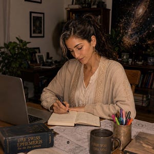 Lifestyle image of a professional astrologer personally writing a personalized birth chart reading at her desk, surrounded by natal charts, astrology books and horoscope notes. Human-written astrology report created from exact birth date, birth time and birthplace, featuring custom natal chart interpretation, birth chart analysis, personality insights, relationship guidance, career direction, life purpose, self-discovery and a personalized 12-month astrology forecast.