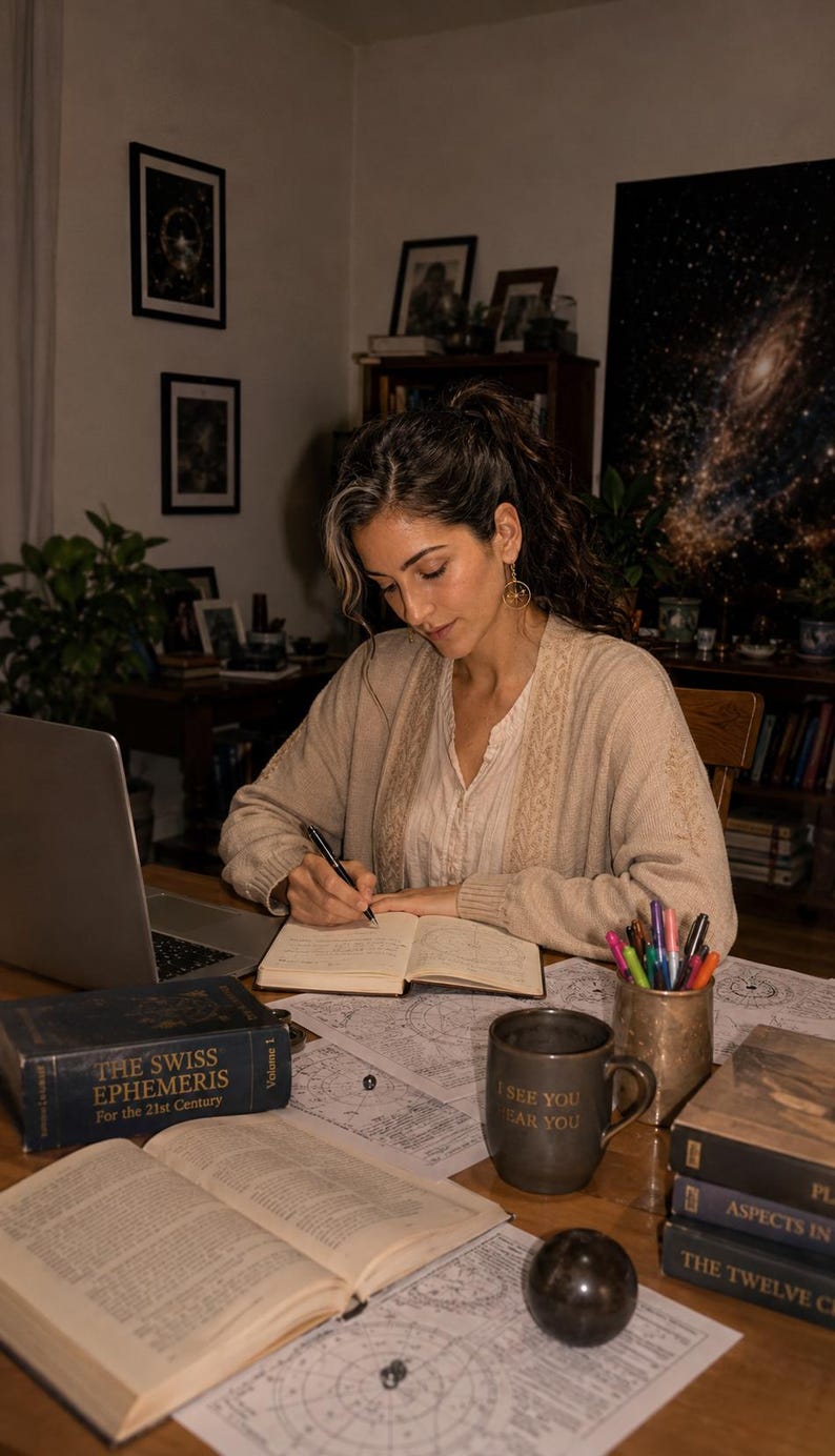 Lifestyle image of a professional astrologer personally writing a personalized birth chart reading at her desk, surrounded by natal charts, astrology books and horoscope notes. Human-written astrology report created from exact birth date, birth time and birthplace, featuring custom natal chart interpretation, birth chart analysis, personality insights, relationship guidance, career direction, life purpose, self-discovery and a personalized 12-month astrology forecast.