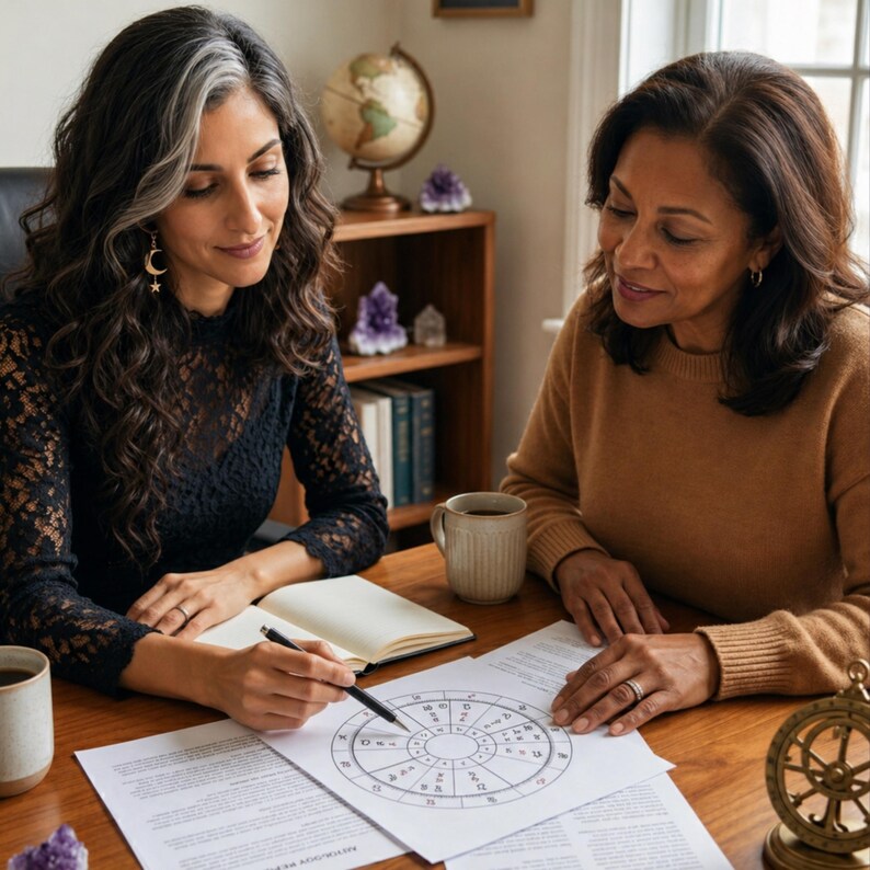 Lifestyle image of a personalized birth chart reading consultation with a professional astrologer reviewing a custom natal chart and astrology report. One-on-one astrology guidance based on exact birth date, birth time and birthplace, featuring personalized natal chart interpretation, horoscope analysis, life purpose, personality insights, relationship guidance, career direction, emotional clarity, self-discovery and a 12-month astrology forecast. Human-written birth chart reading.