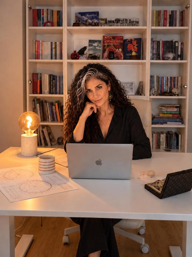 Selene, an experienced intuitive reader, sits at her desk in a cozy home office, surrounded by bookshelves, with a laptop, printed birth charts, warm glowing lamp and notebook. This behind-the-scenes photo shows the personal setting where she prepares individualized 2027 astrology forecasts and 12 month year ahead readings. Each birth chart forecast explores planetary transits, love and relationships, career, money, personal growth and important timing windows, delivered as a PDF report.