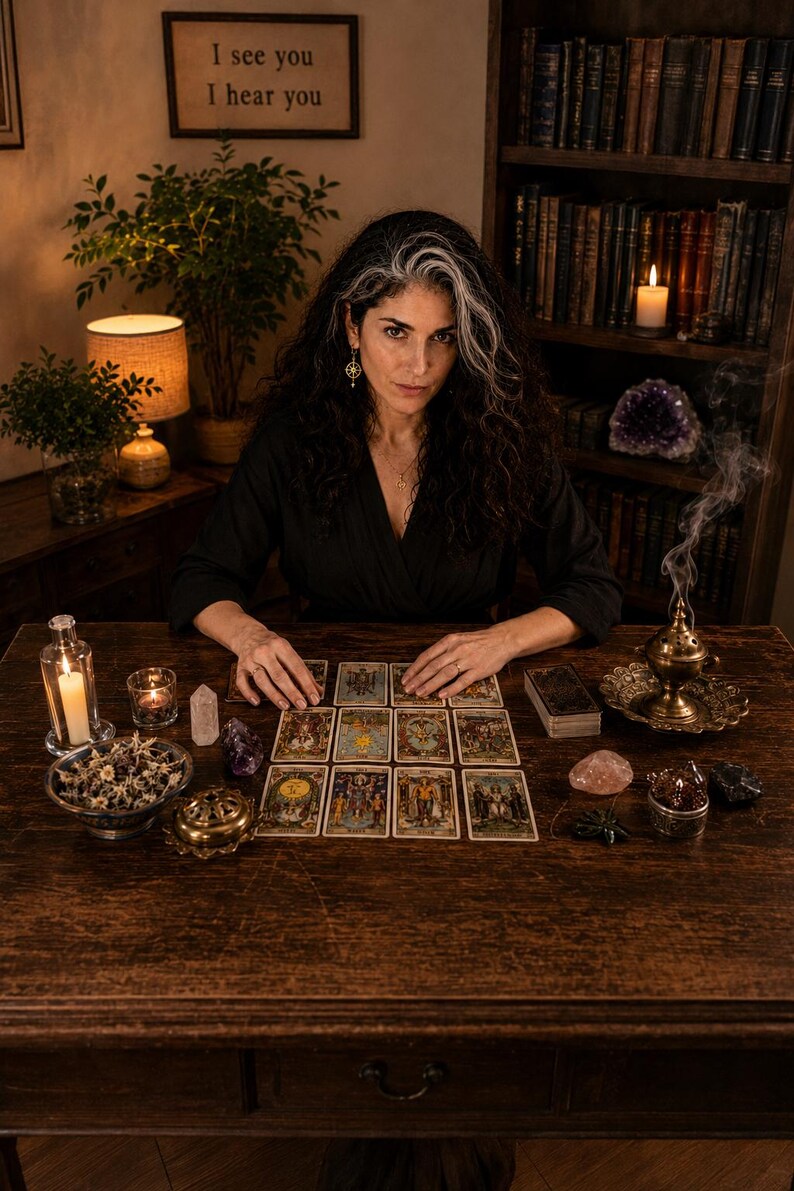 Professional astrologer and intuitive consultant preparing personalized astrology readings in a private consultation space. Human-written birth chart reading based on your exact birth date, birth time and birthplace, featuring custom natal chart interpretation, birth chart analysis, personality insights, relationship guidance, career direction, life purpose, emotional clarity, self-discovery and a personalized 12-month astrology forecast. One-on-one astrology consultation and spiritual guidance.