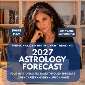 Selene, an experienced astrologer with curly dark hair and a silver streak, sits at her desk with a laptop, birth chart papers, a glowing lamp and zodiac wheel illustration. The image promotes a personalized 2027 astrology forecast and 12 month year ahead reading, featuring birth chart predictions for love, relationships, career, money and major life changes. Text highlights same day delivery, 20+ years of experience and a custom annual astrology report based on your natal chart.