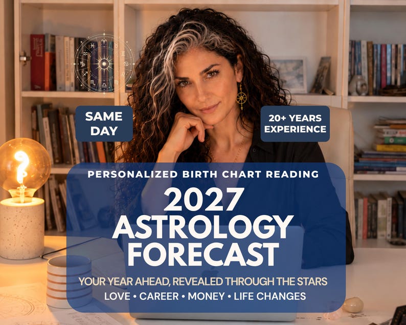 Selene, an experienced astrologer with curly dark hair and a silver streak, sits at her desk with a laptop, birth chart papers, a glowing lamp and zodiac wheel illustration. The image promotes a personalized 2027 astrology forecast and 12 month year ahead reading, featuring birth chart predictions for love, relationships, career, money and major life changes. Text highlights same day delivery, 20+ years of experience and a custom annual astrology report based on your natal chart.