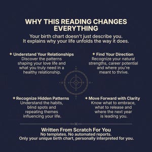 Why this personalized birth chart reading changes everything. Premium astrology reading explaining your unique birth chart, personality, relationship patterns, career direction, life purpose, hidden life themes, emotional patterns, strengths, blind spots, and personal growth. Custom natal chart interpretation with personalized astrology insights, 12-month forecast, life timing guidance, individually written astrology report, birth chart analysis PDF, no templates, created from exact birth data.