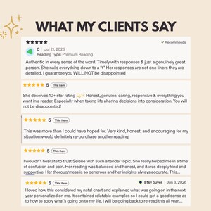 Customer testimonials titled What My Clients Say, displaying five positive Etsy reviews for Selene's personalized astrology and spiritual readings. Buyers praise her detailed, honest, caring and timely responses, accurate insights and supportive guidance. One customer specifically describes a natal chart reading with relatable examples explaining the next year of life, making the report useful to revisit throughout the year. Reviews highlight trust, clarity.
