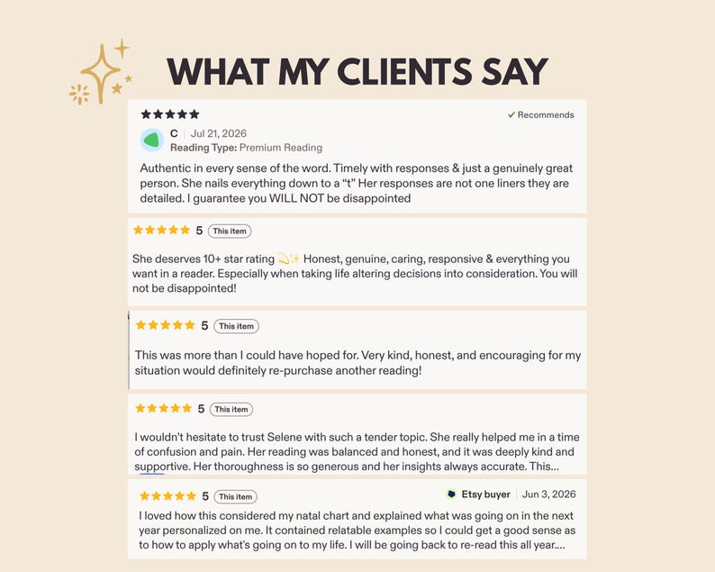 Customer testimonials titled What My Clients Say, displaying five positive Etsy reviews for Selene's personalized astrology and spiritual readings. Buyers praise her detailed, honest, caring and timely responses, accurate insights and supportive guidance. One customer specifically describes a natal chart reading with relatable examples explaining the next year of life, making the report useful to revisit throughout the year. Reviews highlight trust, clarity.