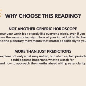 Beige promotional graphic titled Why Choose This Reading, explaining the difference between a personalized 2027 astrology forecast and a generic zodiac sign horoscope. Selene studies your individual natal chart and upcoming planetary transits rather than offering the same predictions to everyone born under one sign. This 12 month year ahead astrology reading explores potential future events, important timing windows, what to watch for, and how to prepare for opportunities and challenges