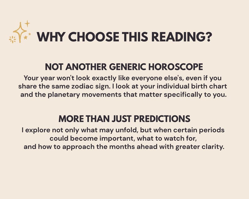 Beige promotional graphic titled Why Choose This Reading, explaining the difference between a personalized 2027 astrology forecast and a generic zodiac sign horoscope. Selene studies your individual natal chart and upcoming planetary transits rather than offering the same predictions to everyone born under one sign. This 12 month year ahead astrology reading explores potential future events, important timing windows, what to watch for, and how to prepare for opportunities and challenges