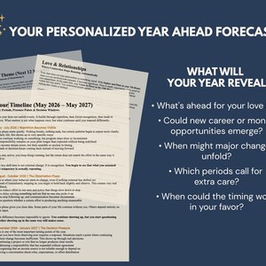 Preview of a personalized 2027 astrology forecast PDF with overlapping report pages showing love and relationships, core birth chart themes, and a May 2026 to May 2027 timeline. Navy blue graphic highlights questions about future love, career and money opportunities, major life changes, challenging periods and favorable timing. This 12 month year ahead astrology reading uses natal chart transits to explore personalized predictions, important dates and turning points throughout the year.