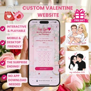 Puede incluir: Un teléfono inteligente muestra un sitio web personalizado de San Valentín con el texto "Hey Bae" y un temporizador de cuenta regresiva. El sitio web es interactivo, compatible con dispositivos móviles y ofrece un final sorpresa. La imagen incluye ilustraciones y las palabras "Custom Valentine Website."