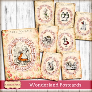 Cartões de diário de Alice no país das maravilhas, folha de colagem de cartão postal, cartão postal vintage, download do país das maravilhas, download digital para scrapbooking