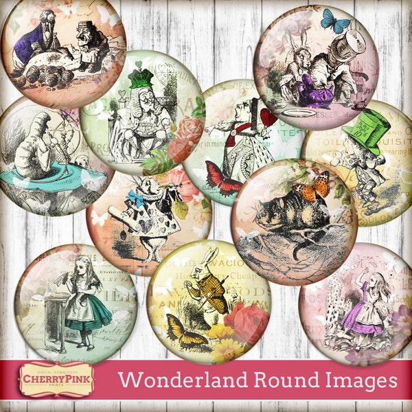 Alice e Wonderland torta topper, foglio di collage digitale immagine rotonda, vintage stile shabby chic per ciondoli, magneti, fornitura artigianale.