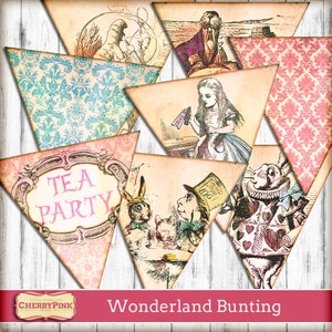 Alice in Wonderland decoration bunting, printable decorations, flags, banner,  mad hatter tea party decor, instant download