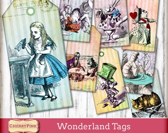 8 Alice in Wonderland Tagi-dekoracje do druku-Tea Party temat Baby Shower-Instant Download