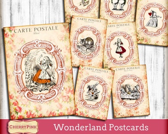 Alice in Wonderland Journal cards, postcard collage sheet, vintage postcard, Wonderland Download, digital download for scrapbooking