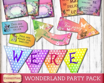 Alice in Wonderland party decorations, FULL PARTY PACK, tags, arrows, quotes, tent cards, instant download