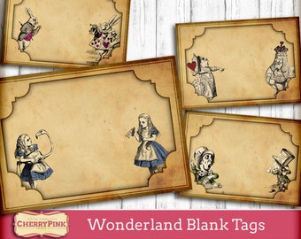 Alice in Wonderland Tags, Alice party printable decorations, Digital party supplies with Mad Hatter, White Rabbit and Queen of Hearts