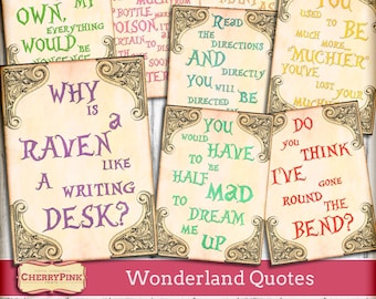 ALICE in WONDERLAND poem quotes, Mad hatters Tea Party printable digital collage sheet, decoration, table sign