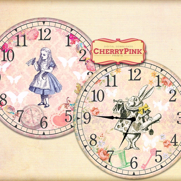 Alice im Wunderland-Uhr, printable parteidekor, diy Papier basteln digitale Collage Blatt, INSTANT DOWNLOAD