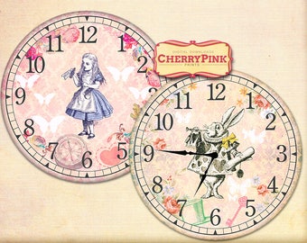 Alice in Wonderland Clock, printable party decor, diy paper crafting digital collage sheet, INSTANT DOWNLOAD