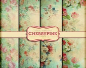 Green Floral Digital Paper, scrapbook paper, 12 x 12 premade page, digital scrapbook supplies for craft